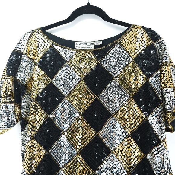 Vtg Scala Sequin Harlequin Silk Blouse Beaded Neck & Hem Short Sleeve Blouse PL - Picture 2 of 14